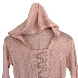 Fiancee Pink Lace Crochet Panel 3/4 Sleeve Burnout Hoodie Top Shirt Lightweight